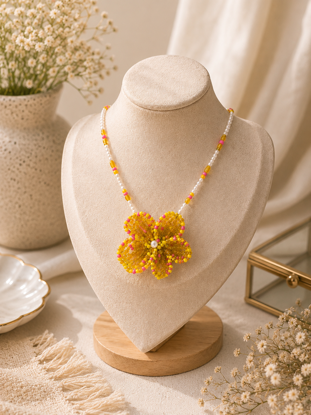Golden Blossom Beaded Necklace & Bracelet Set