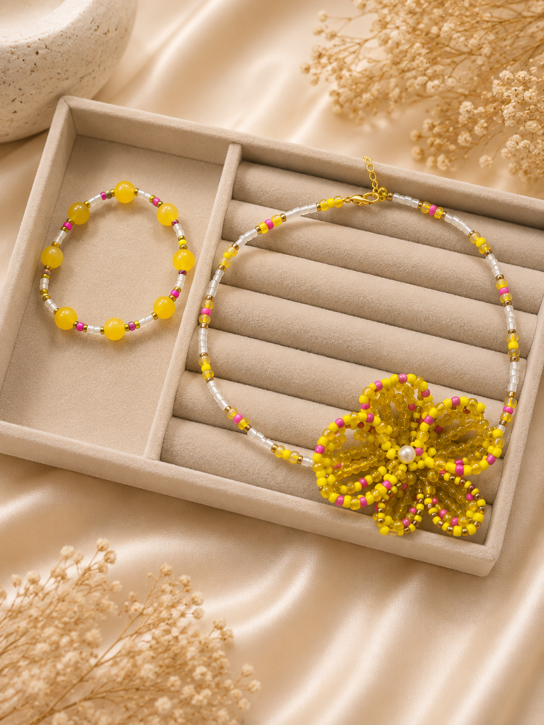 Golden Blossom Beaded Necklace & Bracelet Set