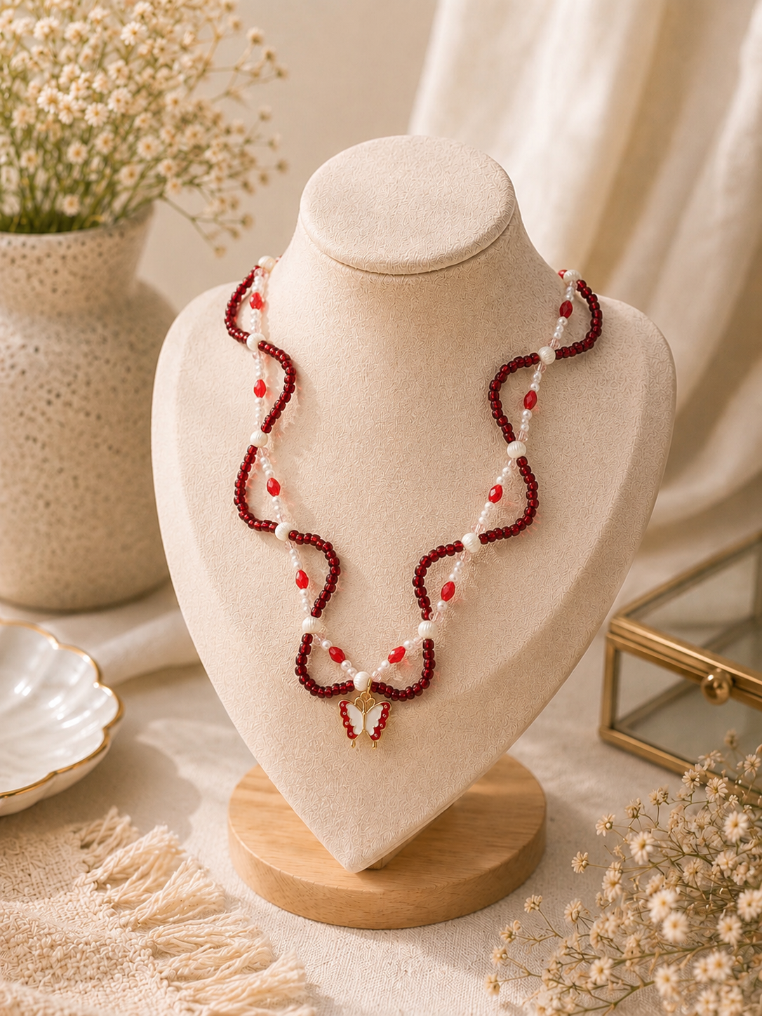 Crimson Butterfly Beaded Necklace